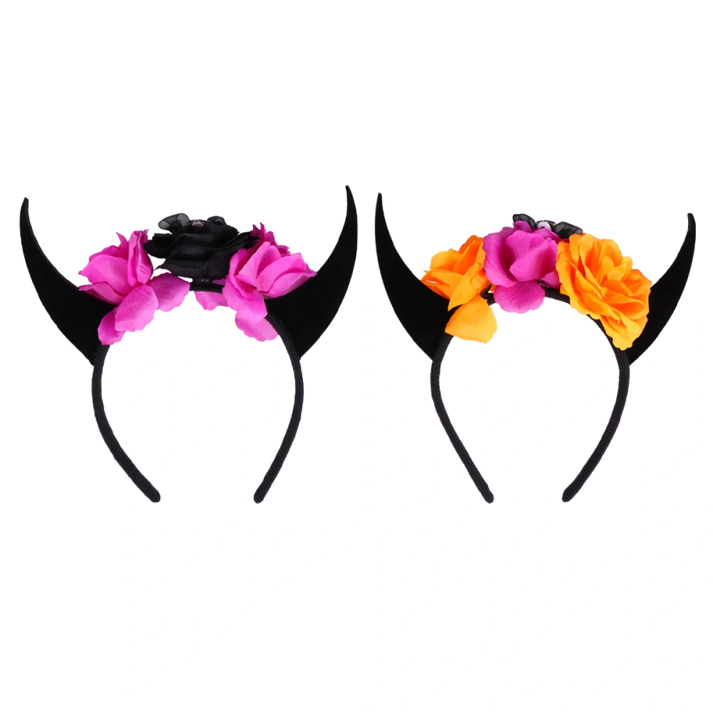 2Pcs Halloween Horn Headbands Skull Flower Headpieces Hair Accessories for Party