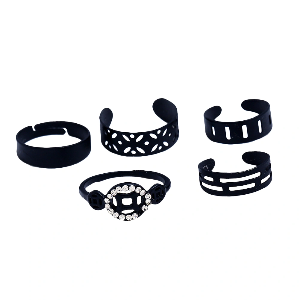 5pcs Fashion Ring Set Finger Rings Adjustable Hollow Open Rings Statement Jewelry for Women Girls (Black)