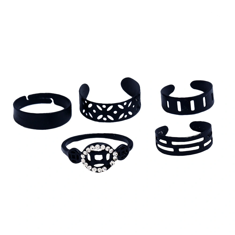 5pcs Fashion Ring Set Finger Rings Adjustable Hollow Open Rings Statement Jewelry for Women Girls (Black)