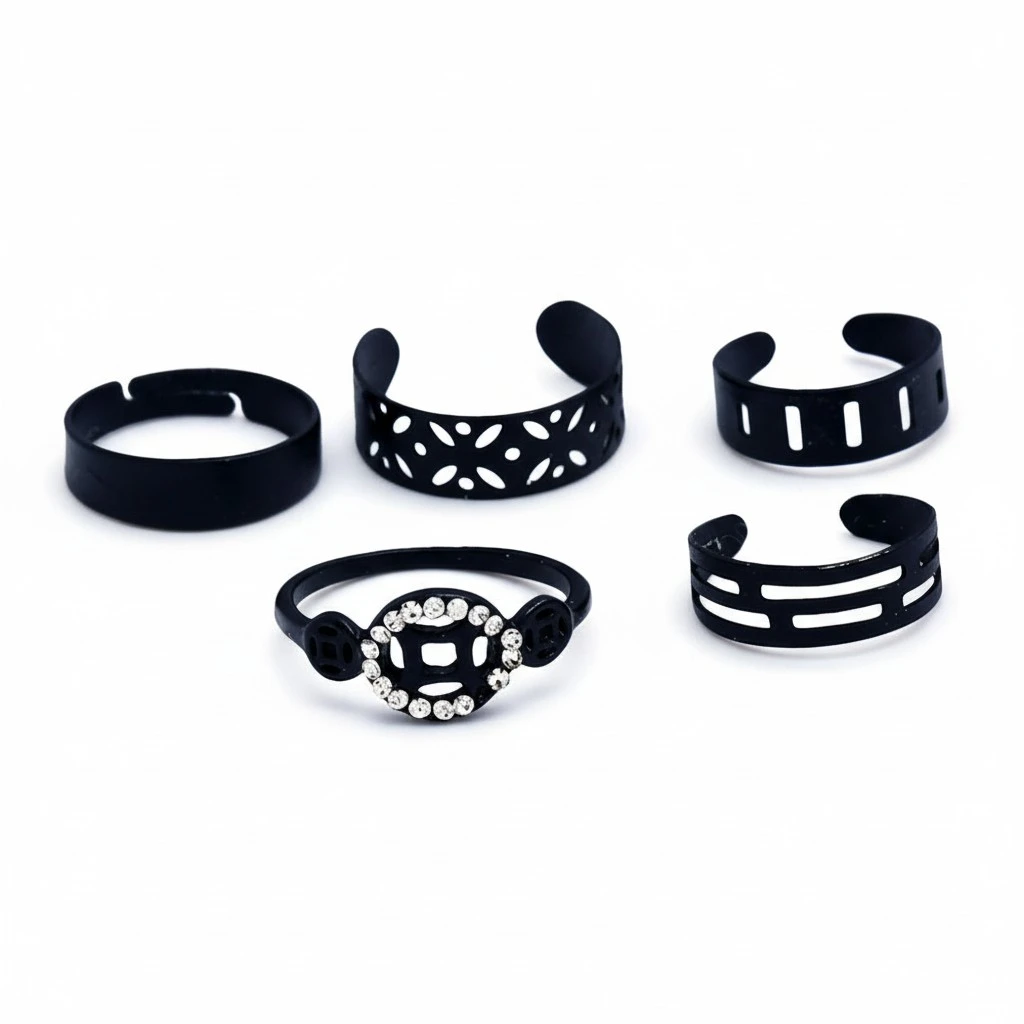 5pcs Fashion Ring Set Finger Rings Adjustable Hollow Open Rings Statement Jewelry for Women Girls (Black)