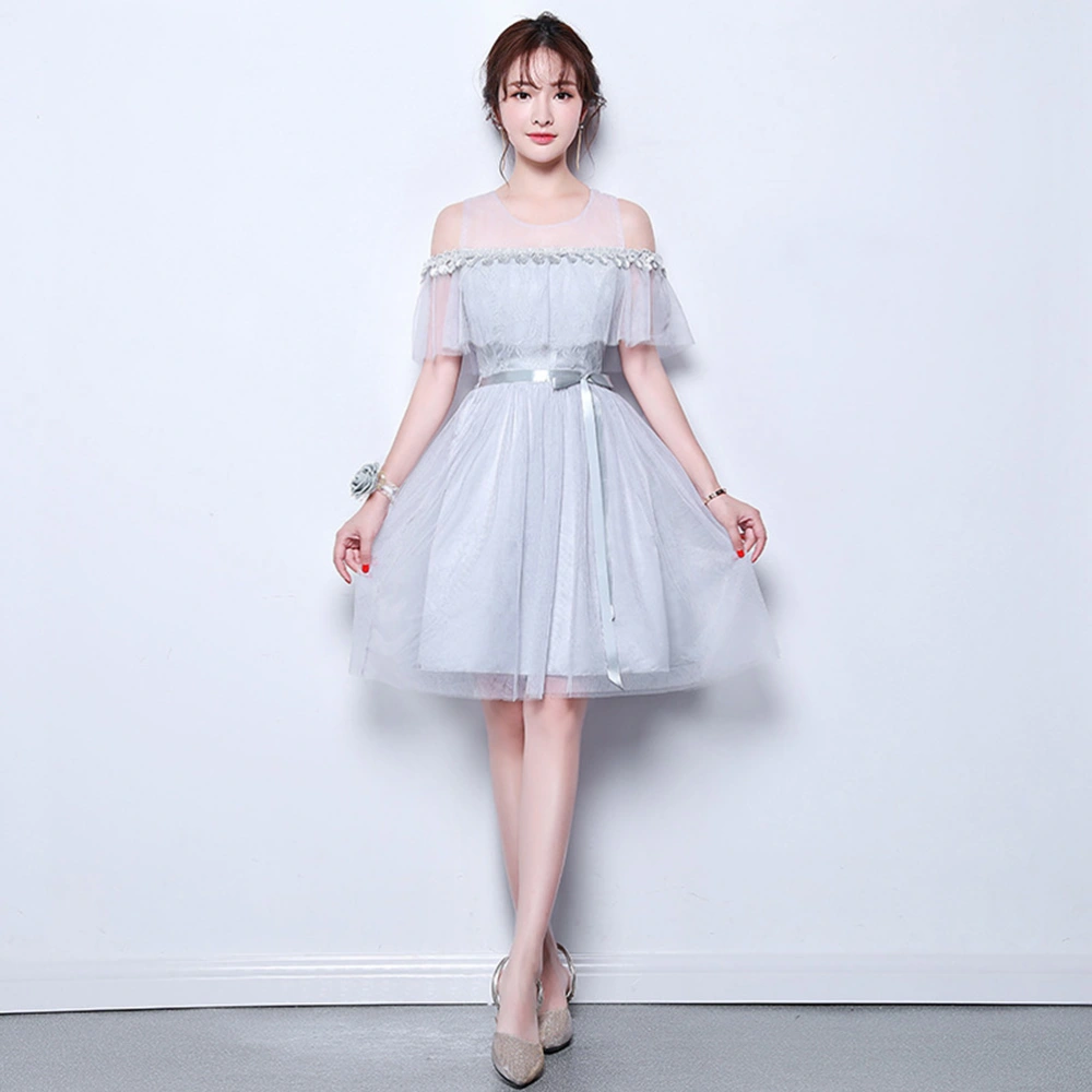 1PC Elegant Formal Dress Banquet Toast Clothes Evening Ceremony Dress Wedding Bridesmaid Dress (Grey, Size M)