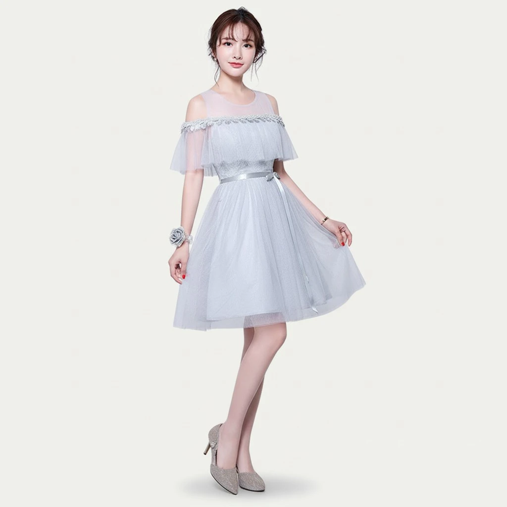 1PC Elegant Formal Dress Banquet Toast Clothes Evening Ceremony Dress Wedding Bridesmaid Dress (Grey, Size M)