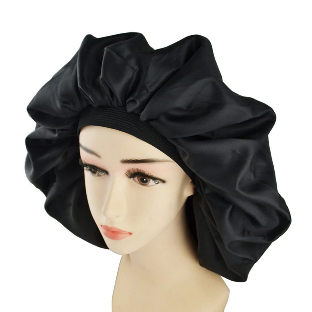 Extra Large Double Elastic Nightcap Silk and Satin Sleeping Nightcap Hair Organizing Hat (Black)