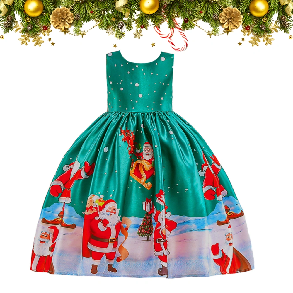 Full Dress Christmas Printed Girls Dress Festive Party Kids Sleeveless Outfit Exquisite Children's Dress (Size 140cm, Green)