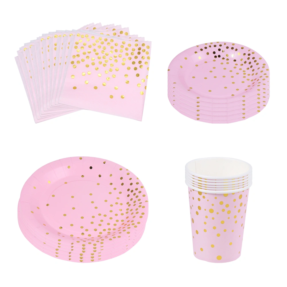 28pcs Bronzing Dot Disposable Tableware Set Paper Decorative Dinnerware Party Supplies for Wedding Birthday Festival (Pink and Golden)