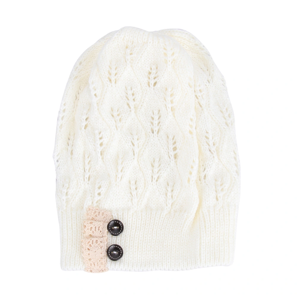 Women Modern Lace Button Leaves Hollow Out Knitting Hat Fashion Accessories Winter Hats (White)