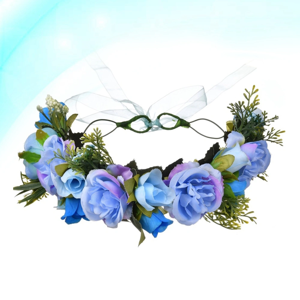 Hair Wreath Bridal Headpiece Simulation Floral Crown Flower Headband Garland for Holiady Wedding Photography (Blue)