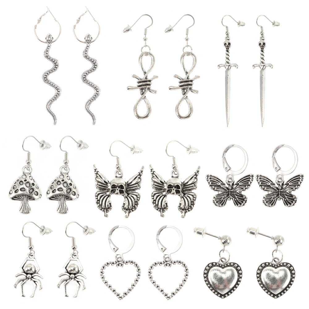 9 Pairs Vintage Women Earring Heart Earrings Spider Earring Mushroom Earring