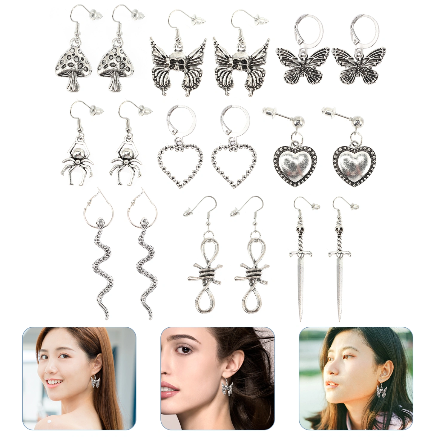 9 Pairs Vintage Women Earring Heart Earrings Spider Earring Mushroom Earring