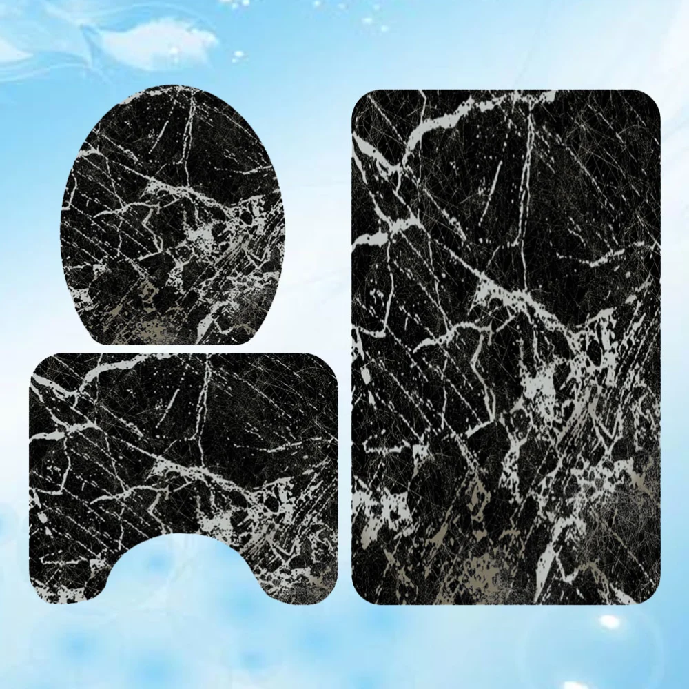 3 in 1 Marble Printing Pattern Bathroom Mat Set Anti-slip Washroom Carpet Mat Toilet Seat Lid Cover for Home Hotel (SY243)