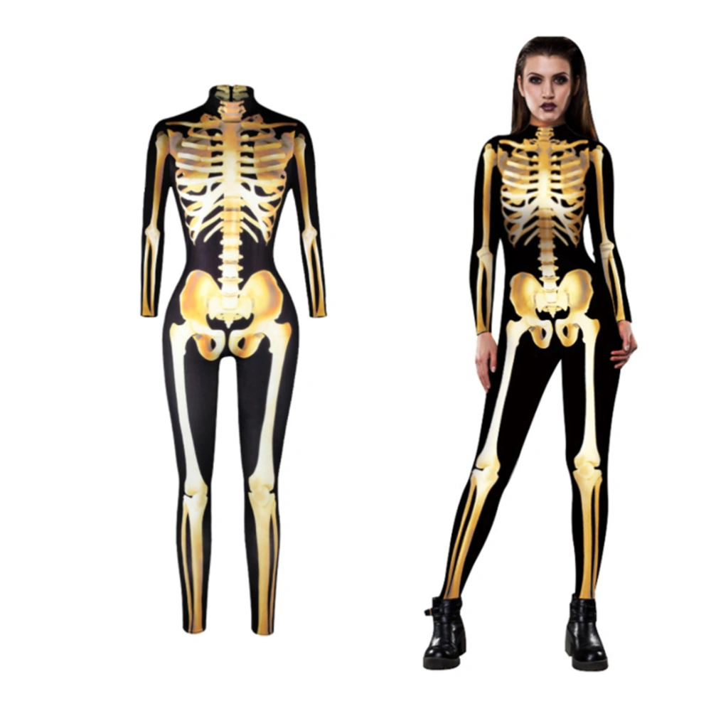 Skeleton Jumpsuit Long Sleeve Bodysuit Costume Scary Skull Skinny Catsuit for Adults Women Halloween Carnival Performance (Size L)