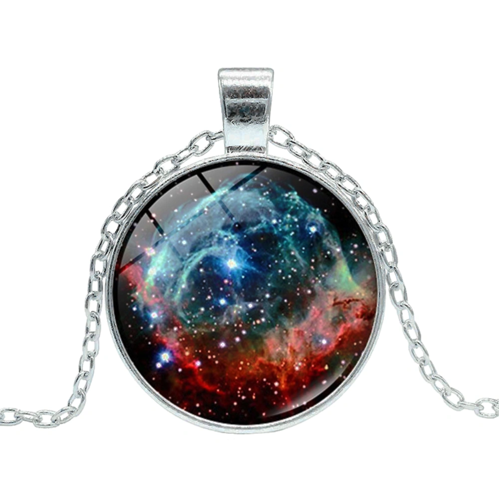 Double-sided Necklace Glass Ball Galactic Nebula Time Gemstone Pendant Jewelry for Women Men (Silver, 16mm)