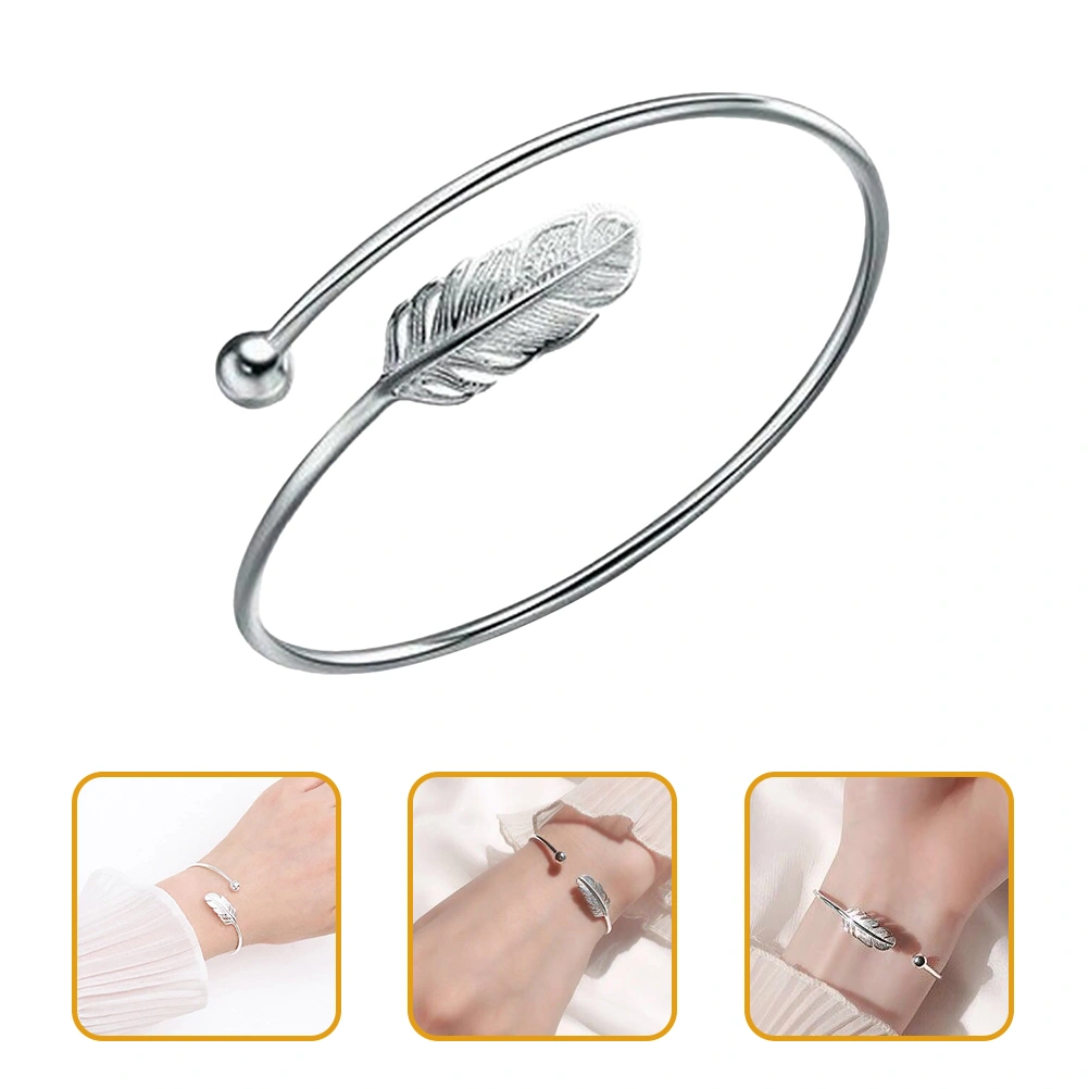 Fashion Trendy Open Leaf Cuff Bracelet Bangles for Women Simple Olive Bracelet Adjustable Birthday Gift (Silver)