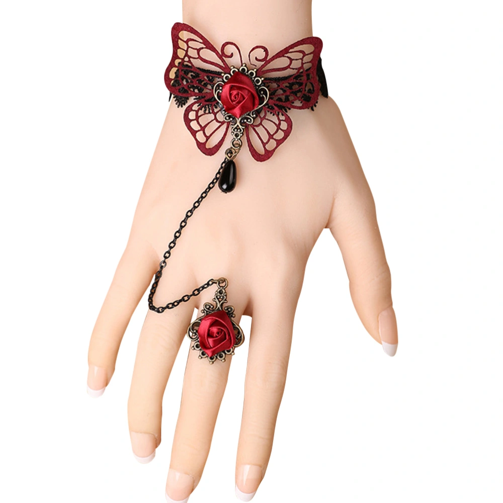 Retro Gothic Lolita Lace Bracelet with Ring Red Lace Wristband Slave Bracelets Ring Set (Red)