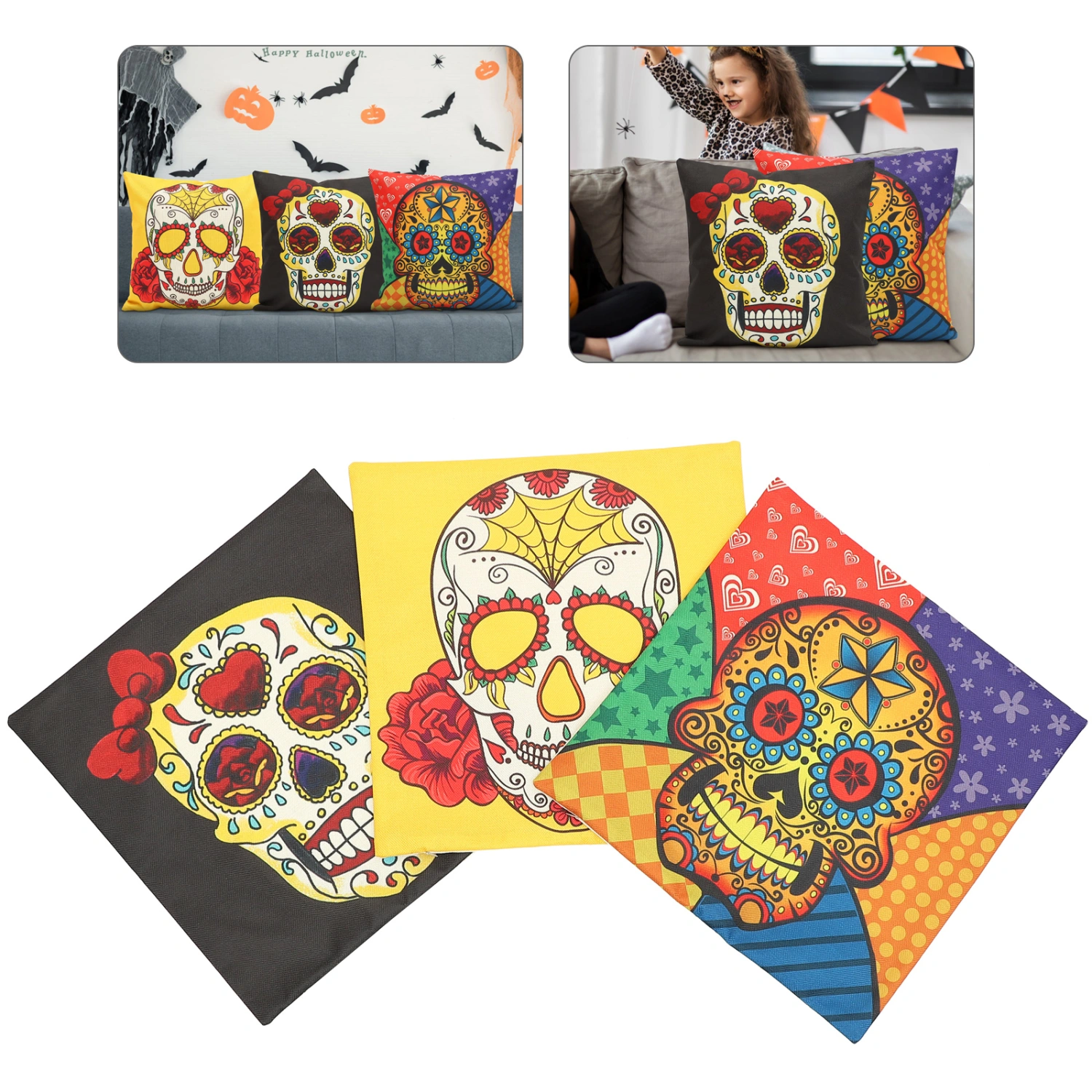 3pcs Halloween Skull Pillowcases Skull Pattern Pillow Covers Pillow Protectors