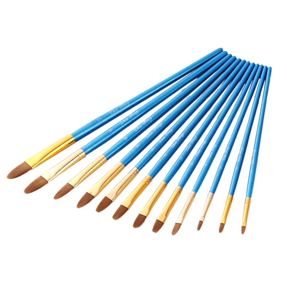 12pcs Blue Rod Pen Brushes Nylon Wool Paint Brushes Wood Handle Oil Painting Brush Gouache Acrylic Oil Painting Brush for Students Artists Use Blue Style 2