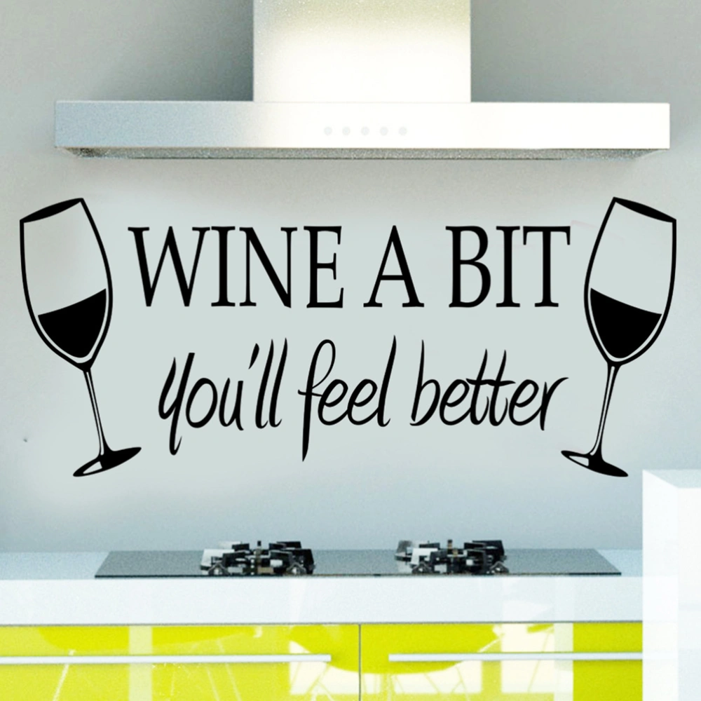 Wall Sticker Decal Decoration Wine Cups with WINE A BIT YOU WILL FEEL BETTER Letter for Home Bedroom Kitchen Decor (Black)