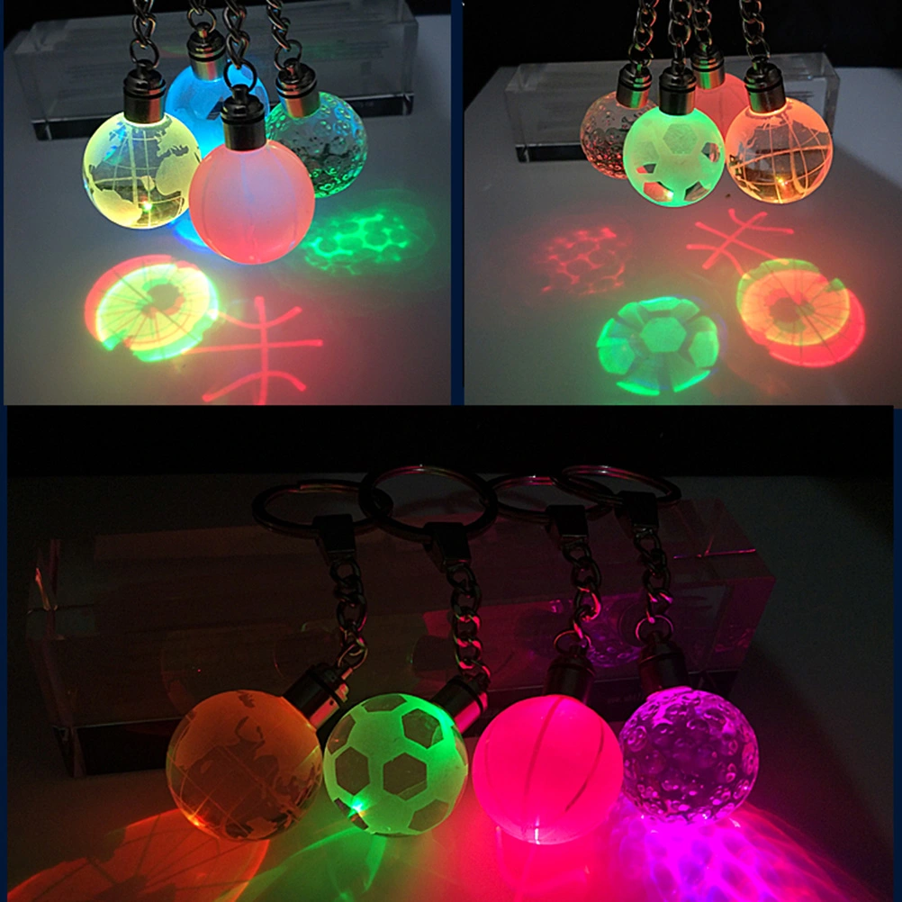 LED Keychain 3D Crystal Key Chain Basketball Globe Key Ring Gift Decor