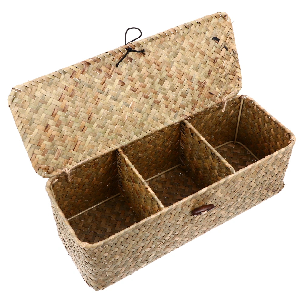 Woven Rattan Storage Basket with Lid Rectangular Storage Bin with Grid Organizer