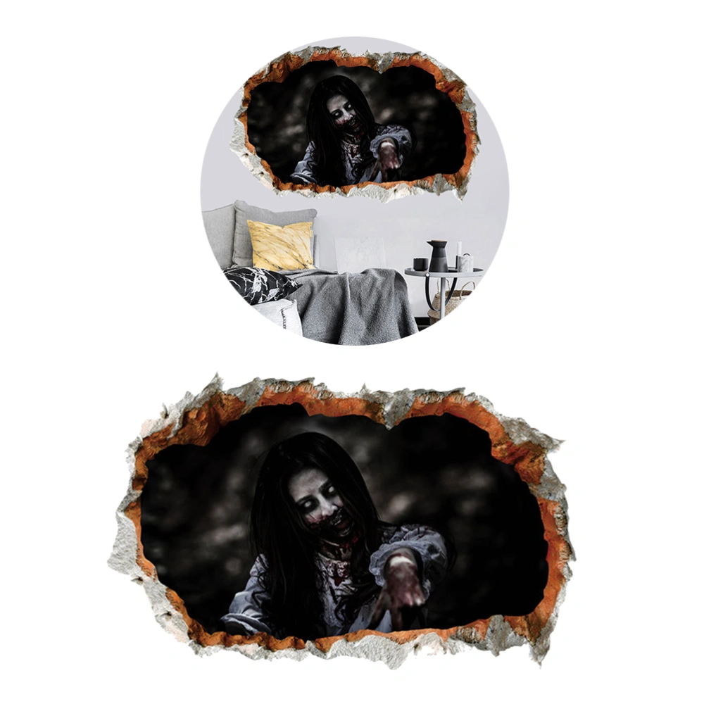 Halloween Female Ghost Patterns Stickers 3D Broken Hole Wall Decors Ghost Party Decorations Scary Wall Poster Black