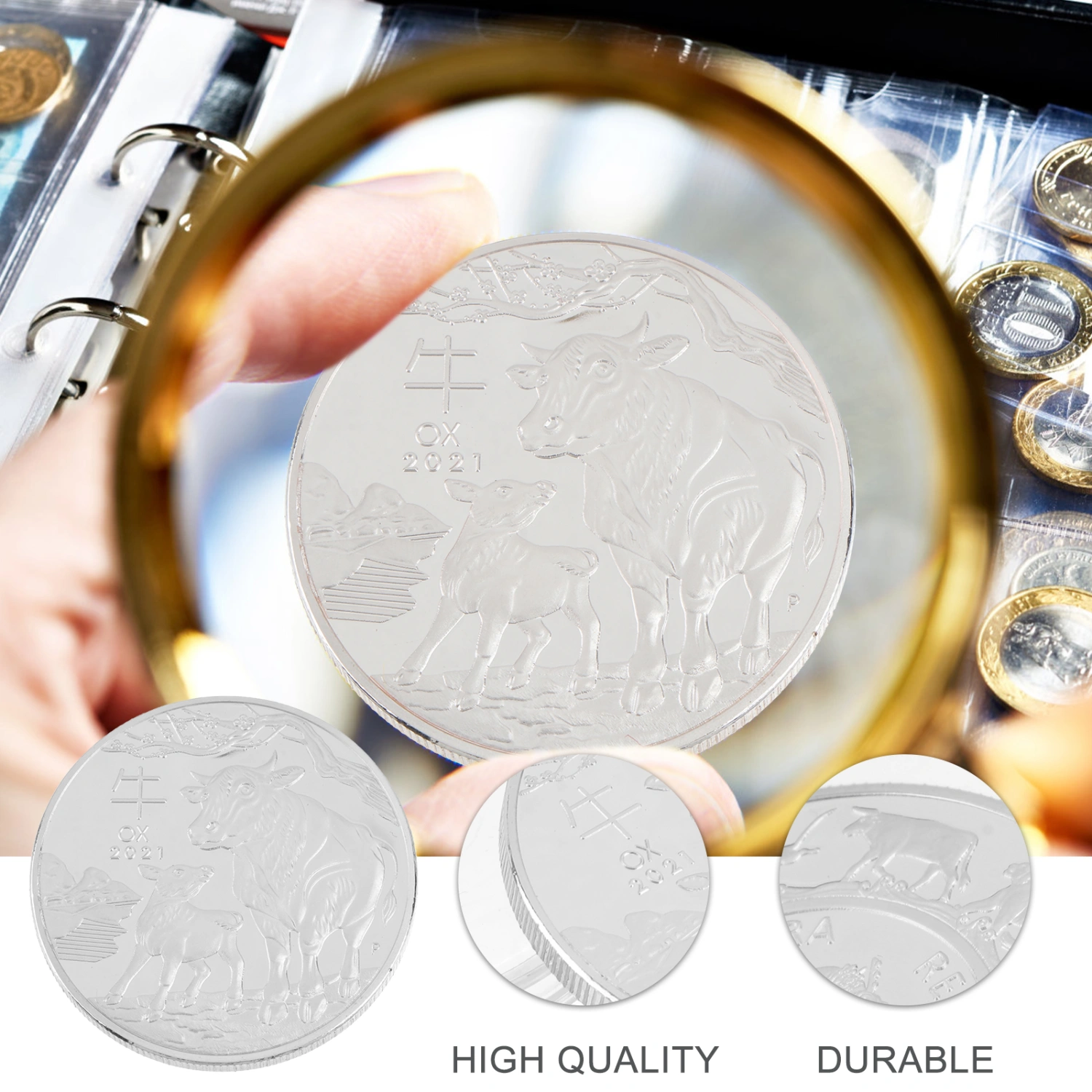 1pc 2021 Year Commemorative Coin Steel Core 2021 Ox Year Souvenir Coin (Silver)