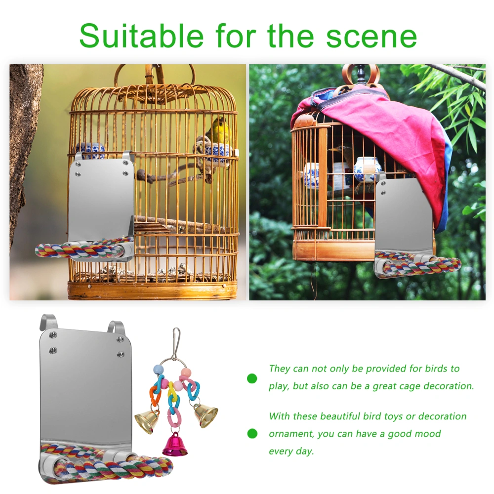 2pcs Pet Birds Mirror with Stand Rack Hanging Mirror Toy Birds Cage Bells Toy