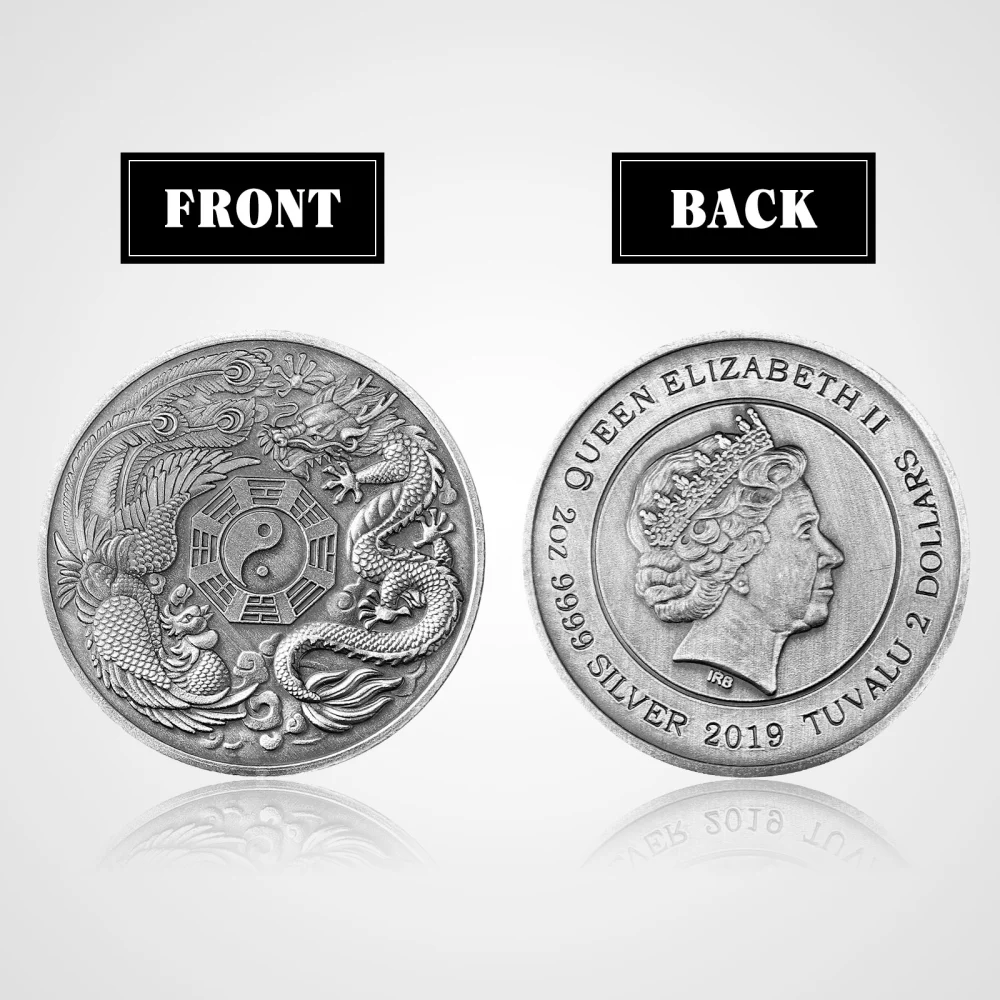 VOSAREA Double-sided Commemorative Coin Chinese Dragon and Phoenix Elizabeth II Collection Gift Art Crafts Souvenir Coin (As Shown)