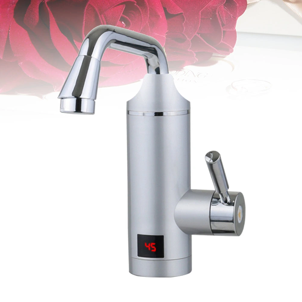 Digital Display Hot and Cold Water Tap Mixer Water Heater Kitchen Sink with EU Plug Silver
