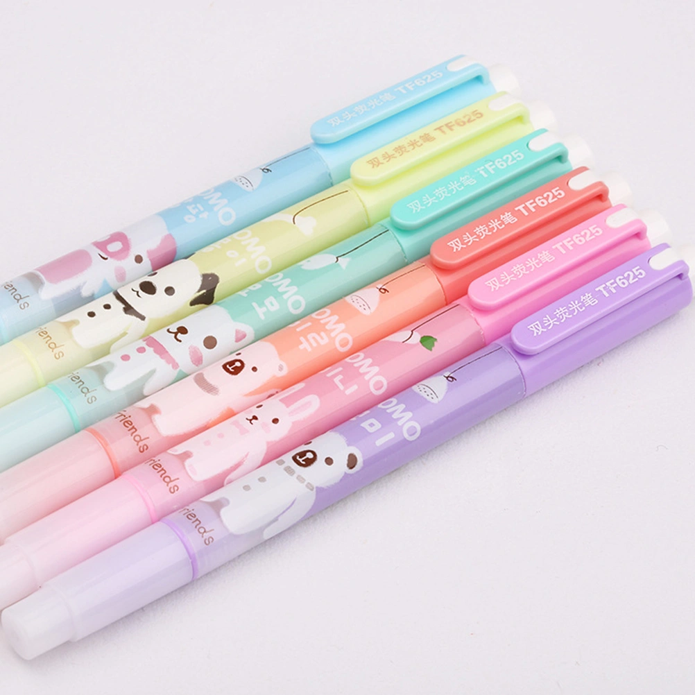 6pcs Cartoon Double-end Fluorescent Watercolor Highlighters Marker Pen Office Stationery School Supplies Kids Gift