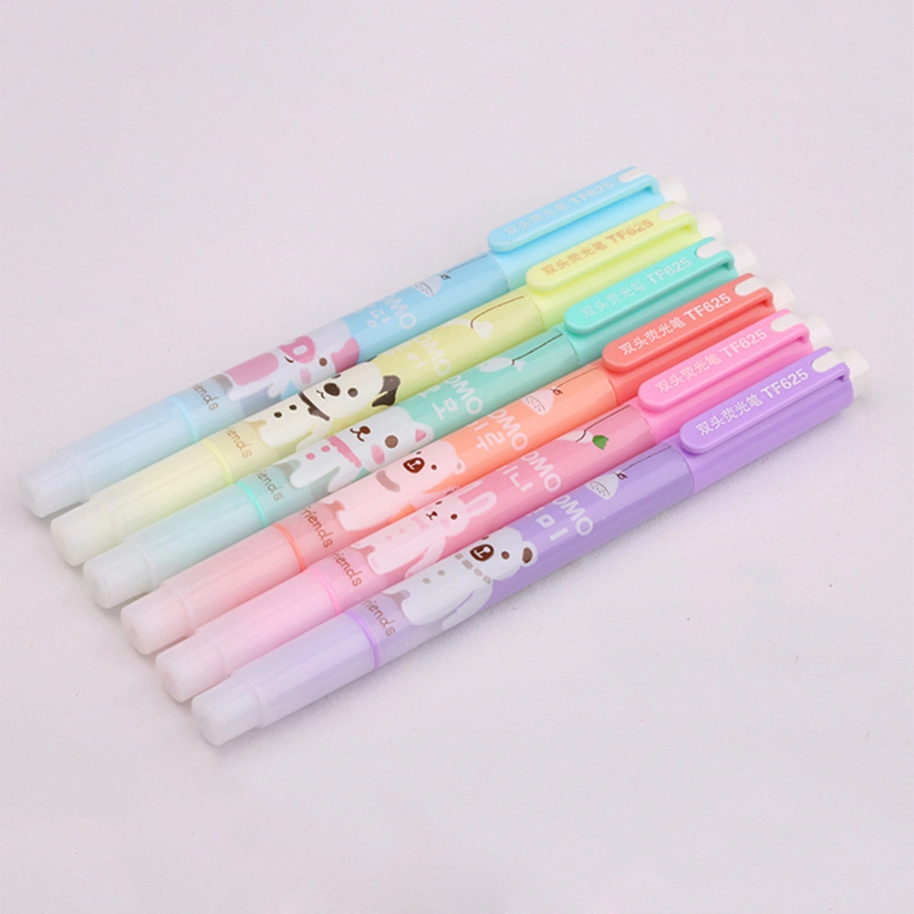 6pcs Cartoon Double-end Fluorescent Watercolor Highlighters Marker Pen Office Stationery School Supplies Kids Gift