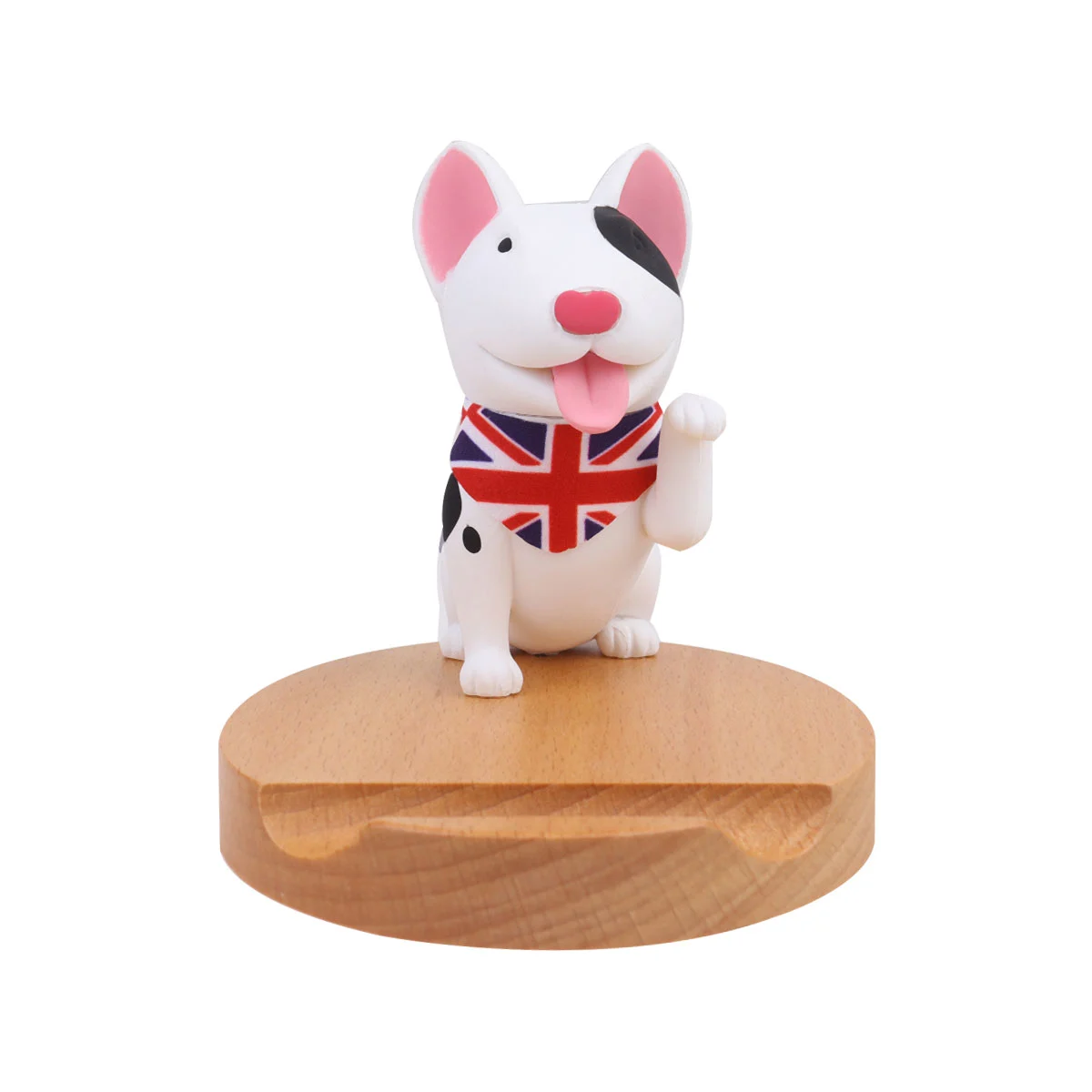 Dog Cellphone Holder with Wooden Base Universal Smartphone Stand Desktop Phone Bracket (White Bull Terrier)