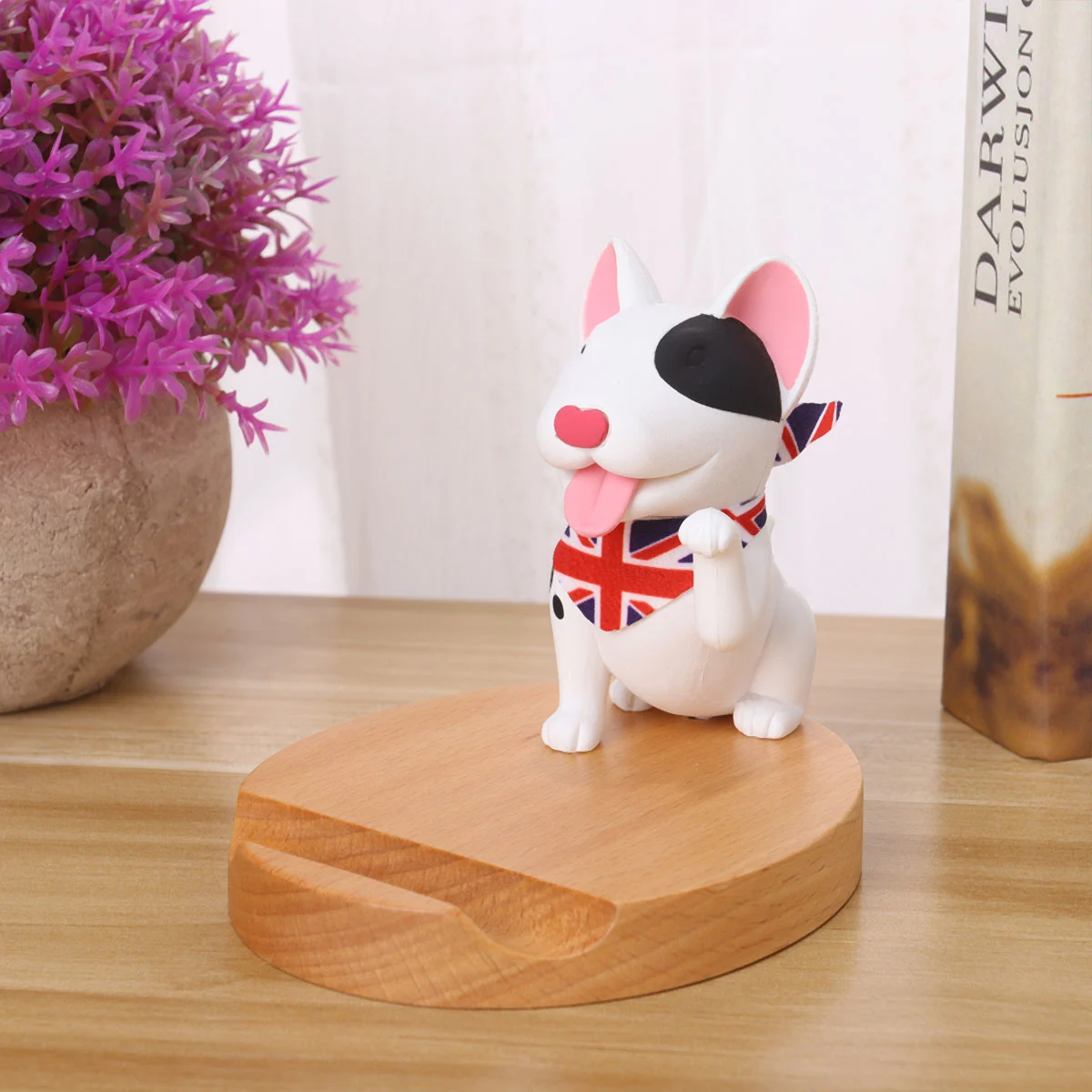 Dog Cellphone Holder with Wooden Base Universal Smartphone Stand Desktop Phone Bracket (White Bull Terrier)