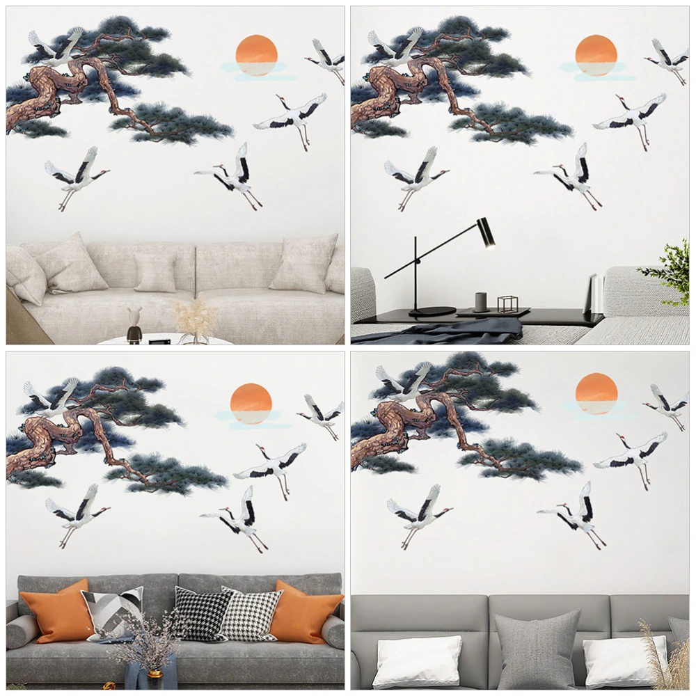 4pcs Sunset White Crane Aged-pine Pattern Wall Stickers Chinese Style Wall Decals