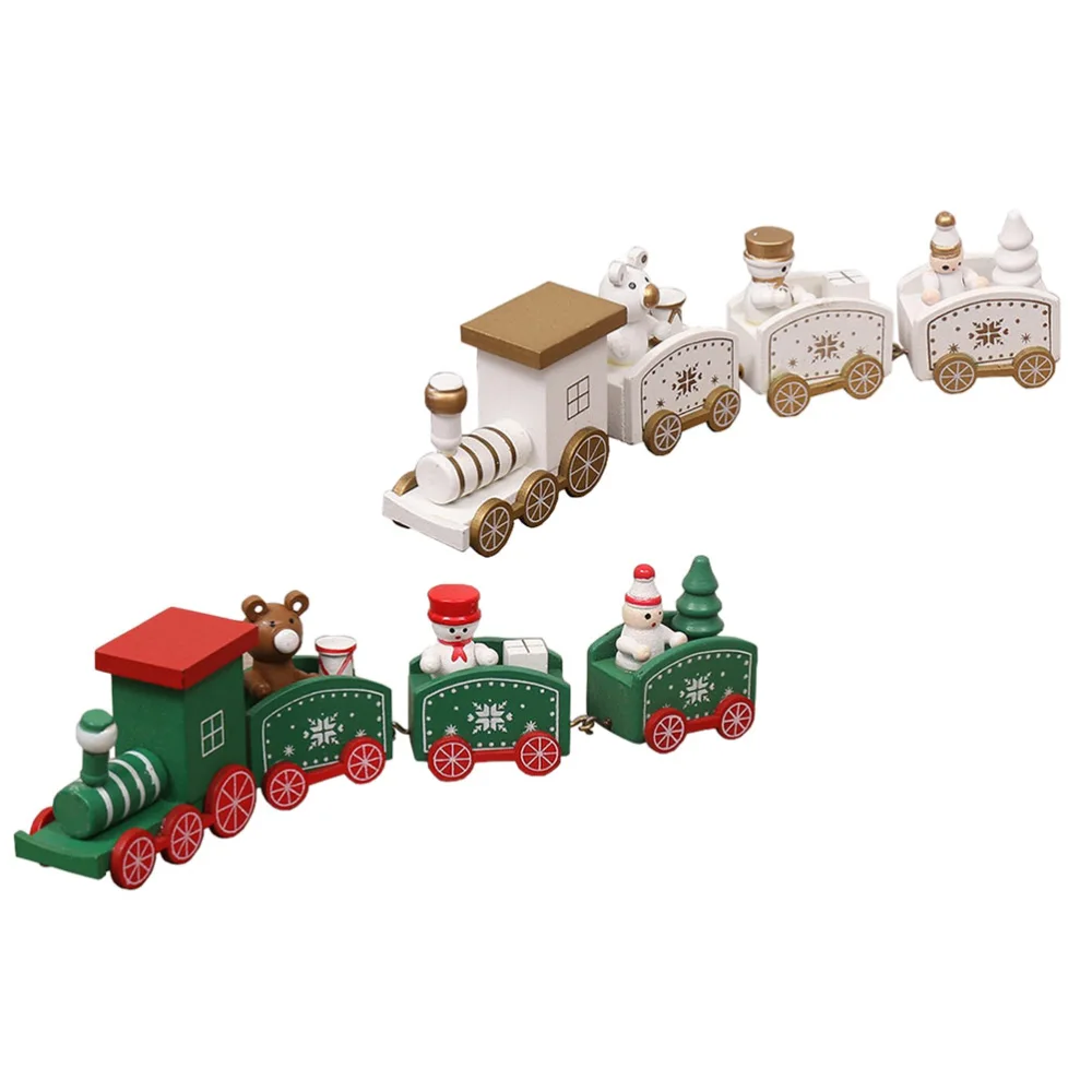 2Pcs Christmas Wooden Train Decor Showcase Ornament Creative Xmas Adornment