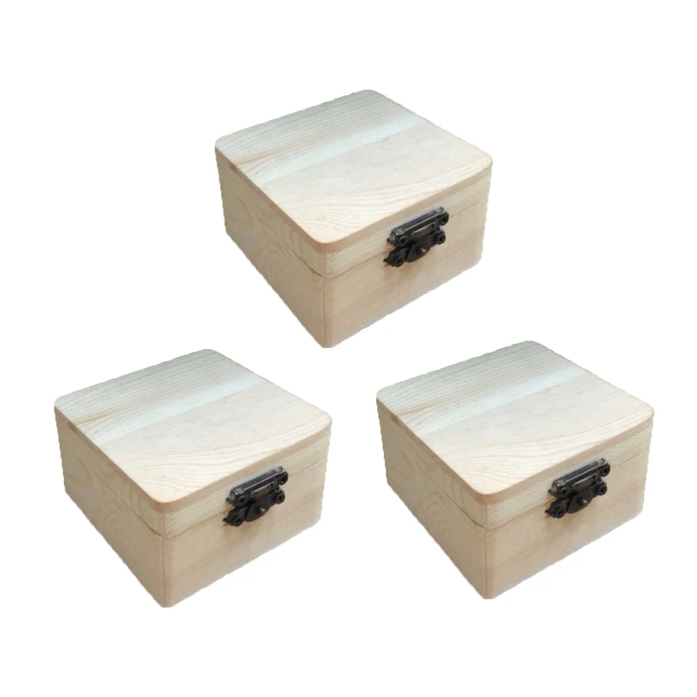 3 Pcs Unfinished Wooden Case Square Multi-function Box DIY Clay Craft Graffiti Supplies Storage Lock Case for Home Shop Adults Kids Project (Random Buckle Style)