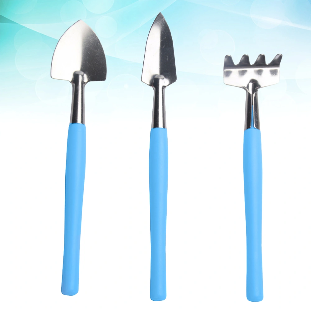 1 Set/3 Pcs Garden Tool Iron Shovel Rake Color Anti-skid Plastic Hand Tools for Home Garden Flowerpot (Blue)