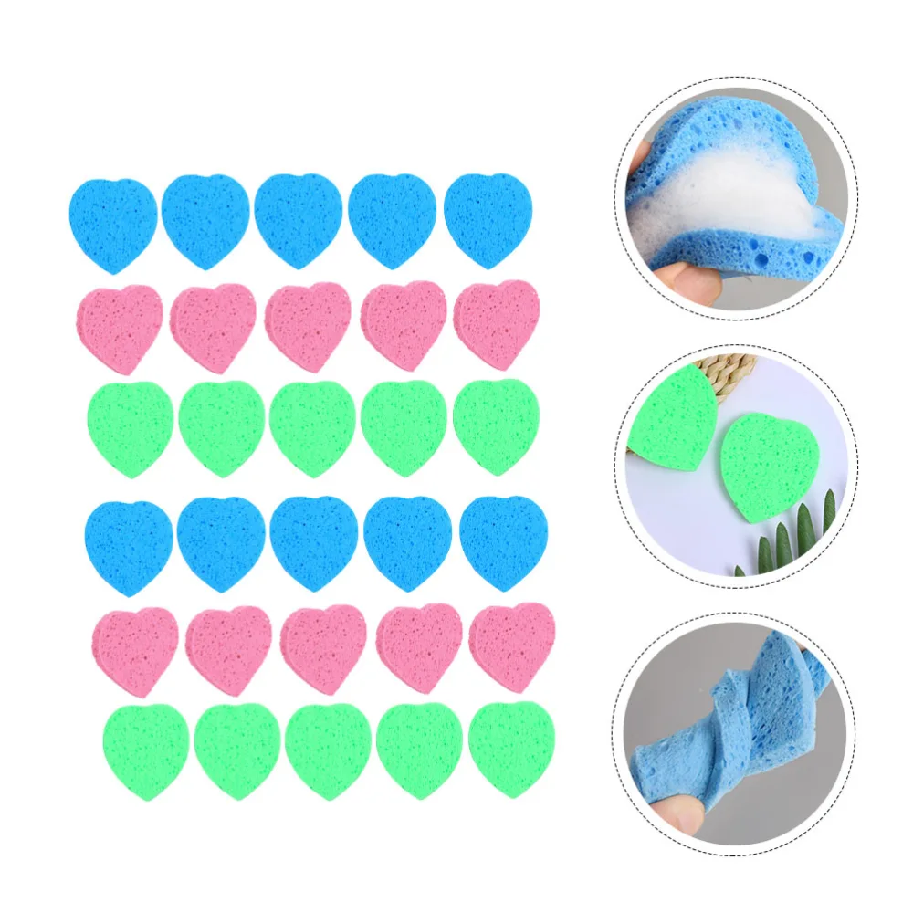 30Pcs Wood Pulp Cotton Heart-shaped Face Wash Face Cleanser Puff for Women