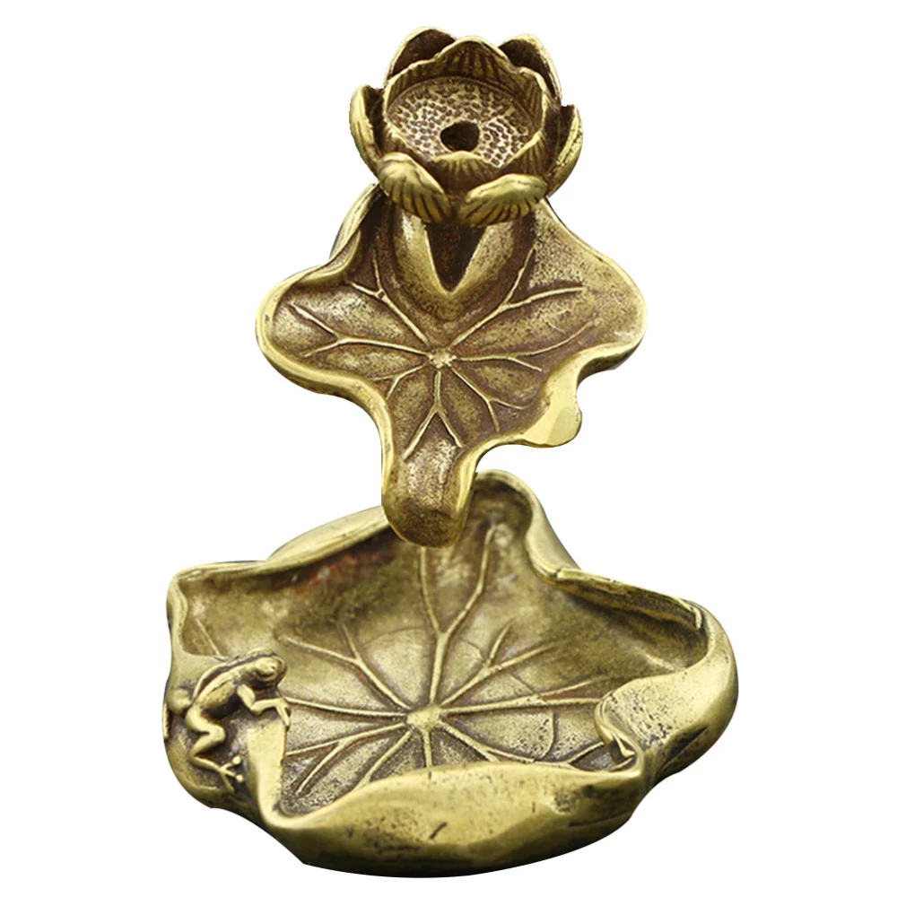 Pure Copper Incense Burner Backflow Antique Insert Incense Stick Holder Lotus Leaf Style Aroma Therapy Figurine Home Decorations (Brass)