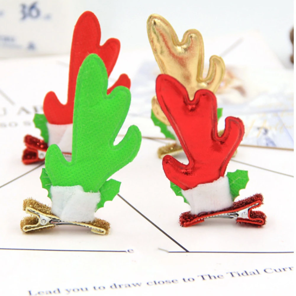 4 Pairs of Xmas Hair Clips Adorable 3D Antler Christmas Hairpins Hair Accessories (PU Red and Golden for Each 1 Pair Gold Powder Red and Green for Each 1 Pair)