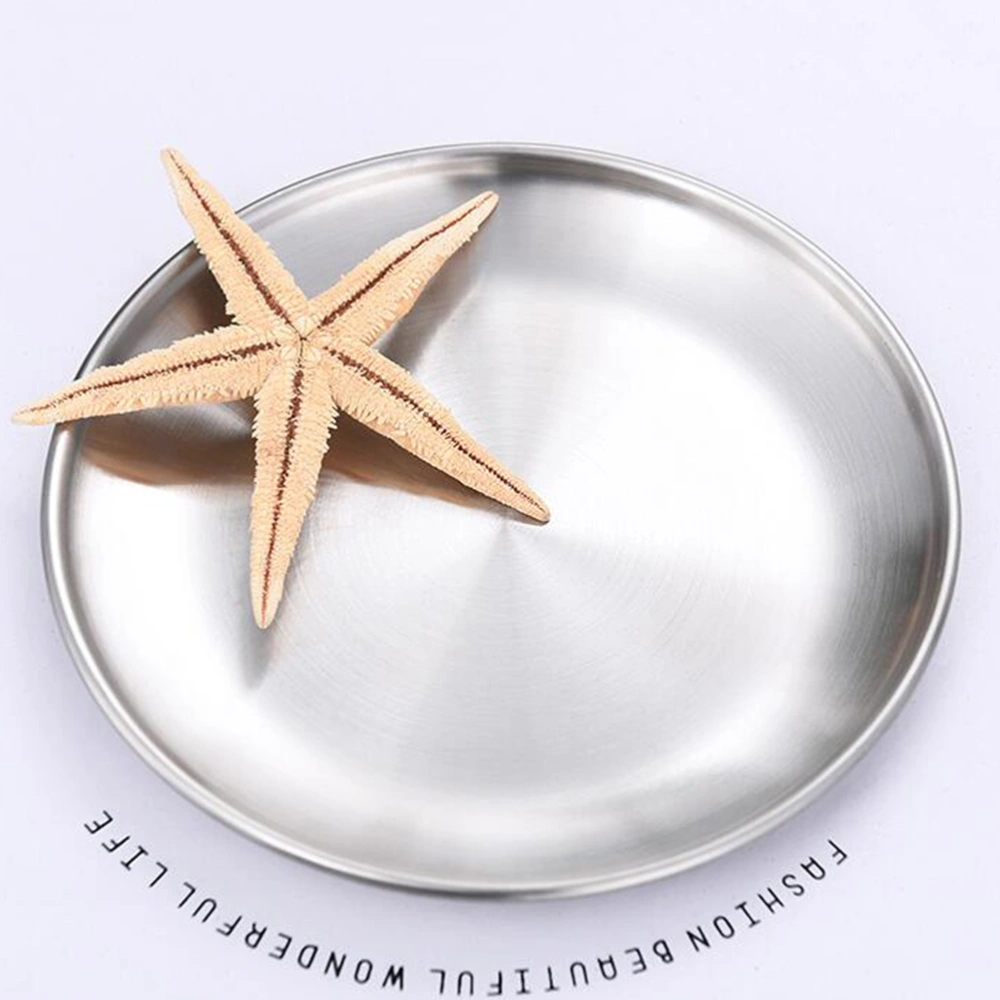 Stainless Steel Round Serving Plate Kitchen Barbecue Platter Cake Dish for Home Restaurant (Frosted, 26CM)