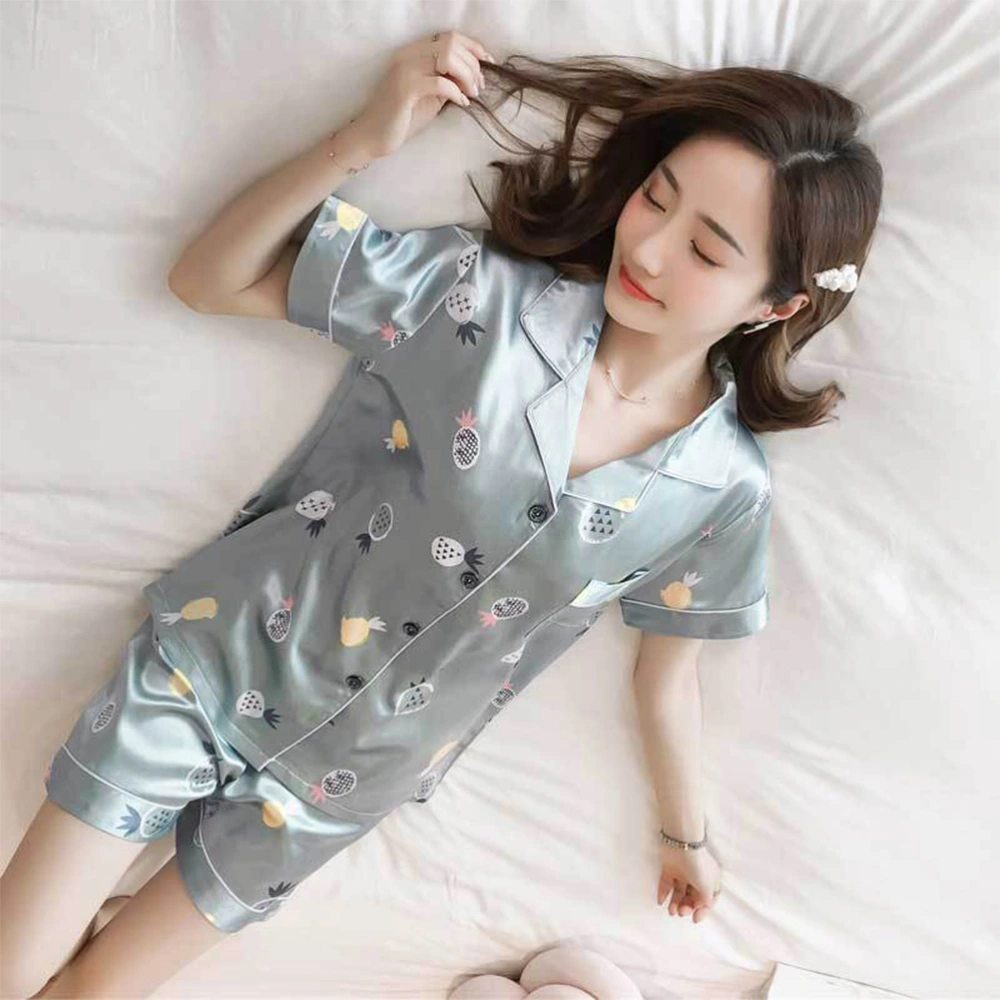 1 Set Summer Nightgown Short Sleeved Shorts Polyester Pajamas Simple Sleepwear Fashion Nightclothes for Woman Girl Lady (Blue, Size XXL)