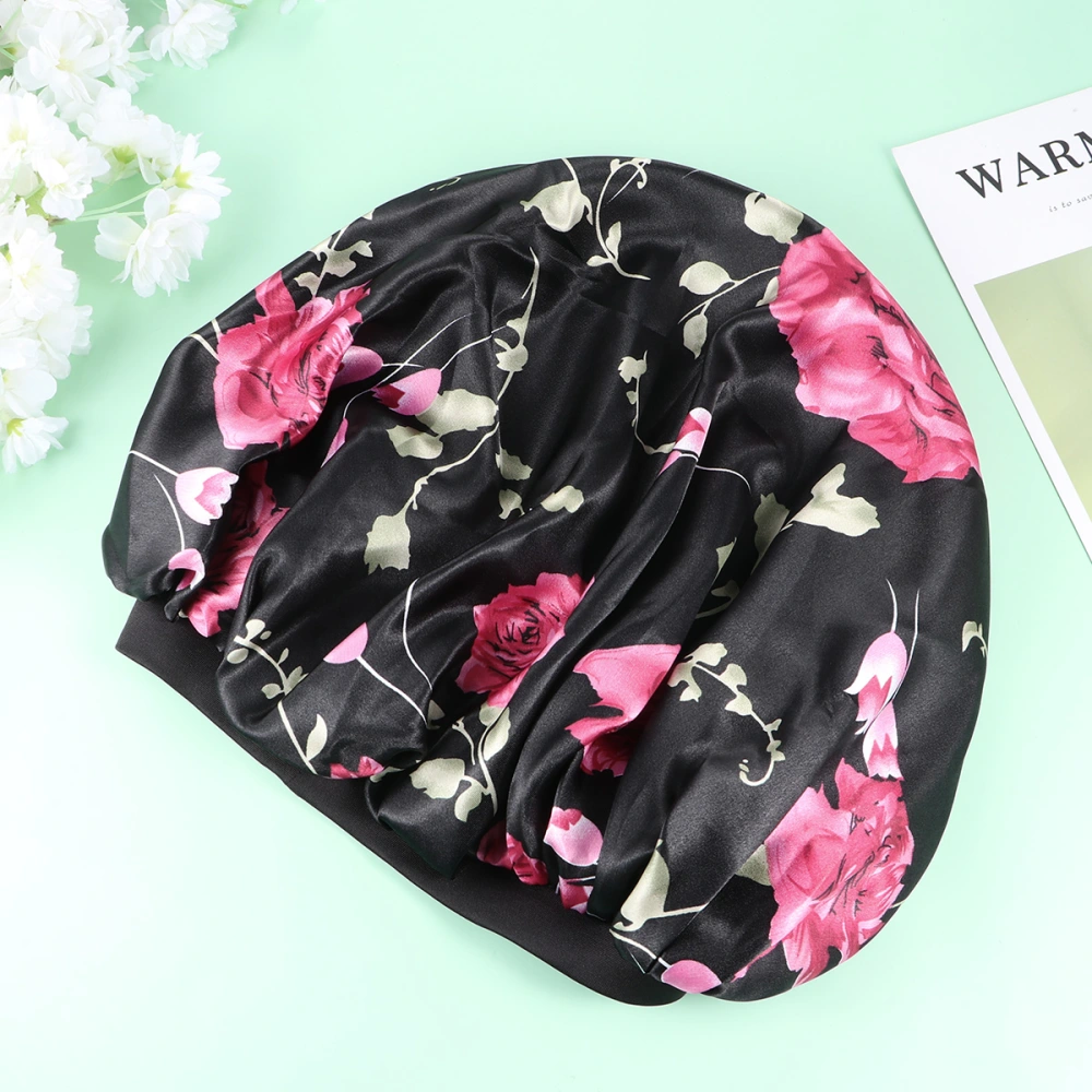 Extra Large Sleeping Solid Color Satin Flower Printed Nightcap Elastic Wide Brim Hat for Home Salon Supplies (Black)