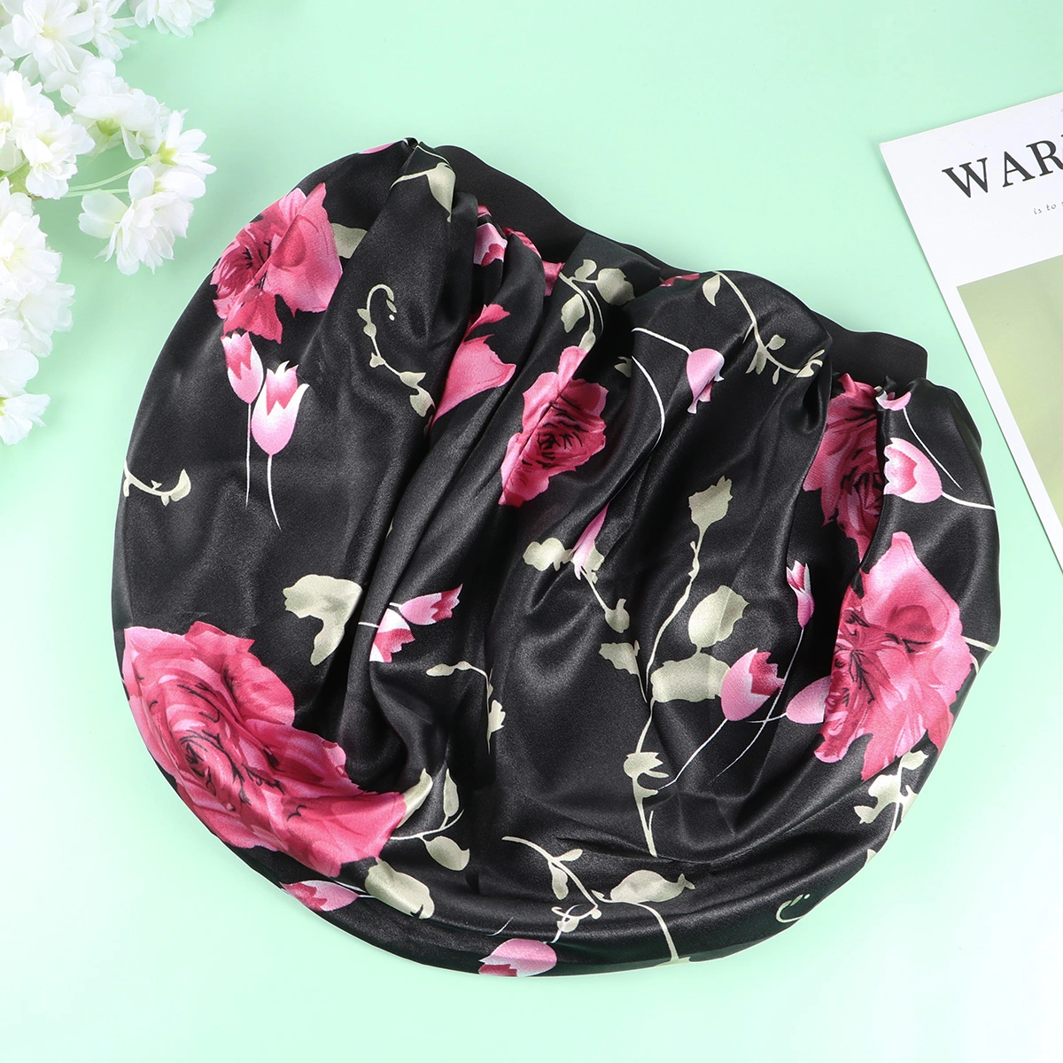 Extra Large Sleeping Solid Color Satin Flower Printed Nightcap Elastic Wide Brim Hat for Home Salon Supplies (Black)
