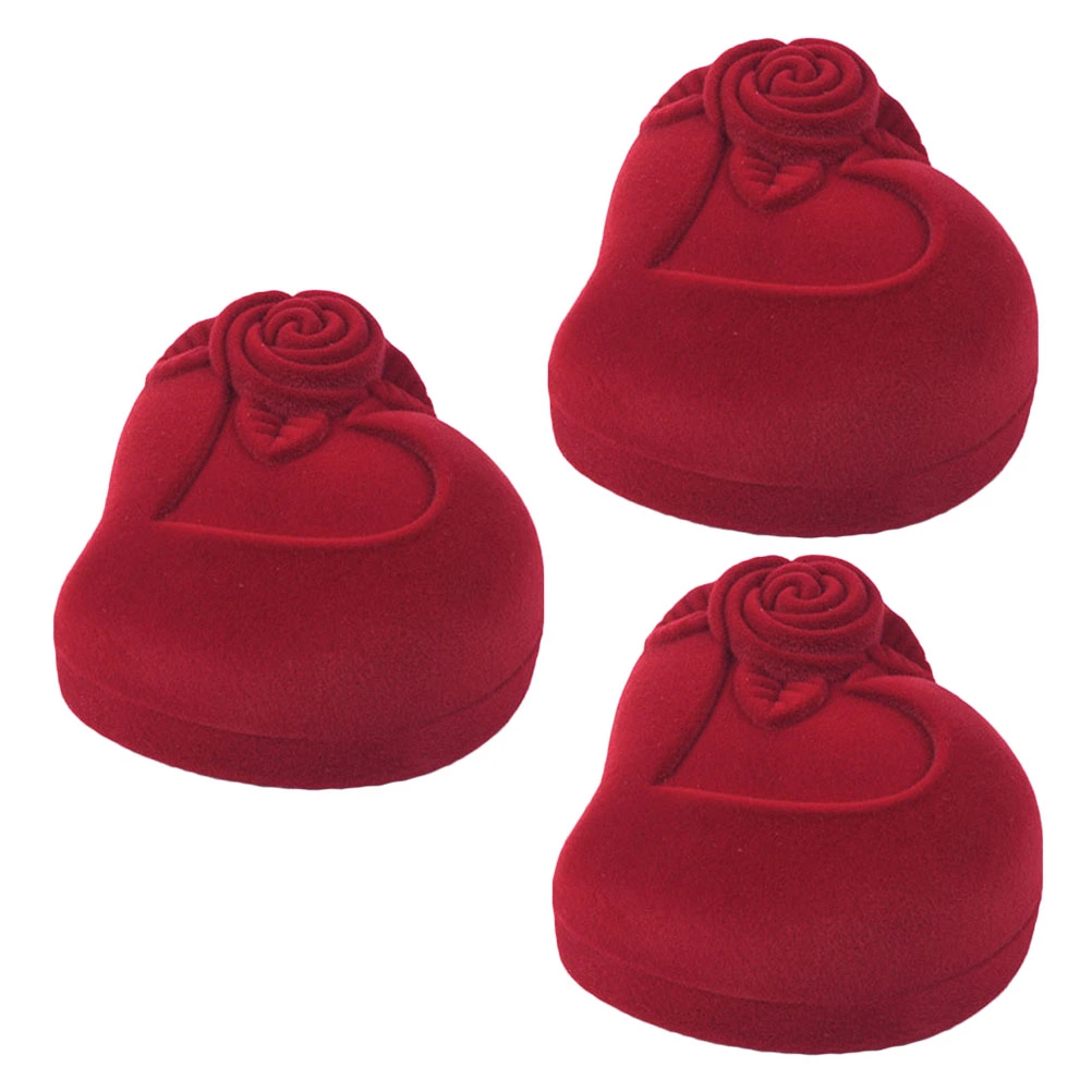3 Pcs Jewelry Ring Box Heart Shaped Storage Case Red Rose Pattern Love Ring Storage Display Box Wedding Ring Holder (Inner Bottom Color for Random)