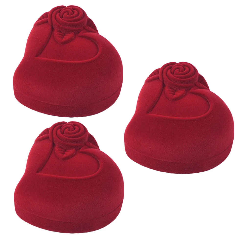 3 Pcs Jewelry Ring Box Heart Shaped Storage Case Red Rose Pattern Love Ring Storage Display Box Wedding Ring Holder (Inner Bottom Color for Random)