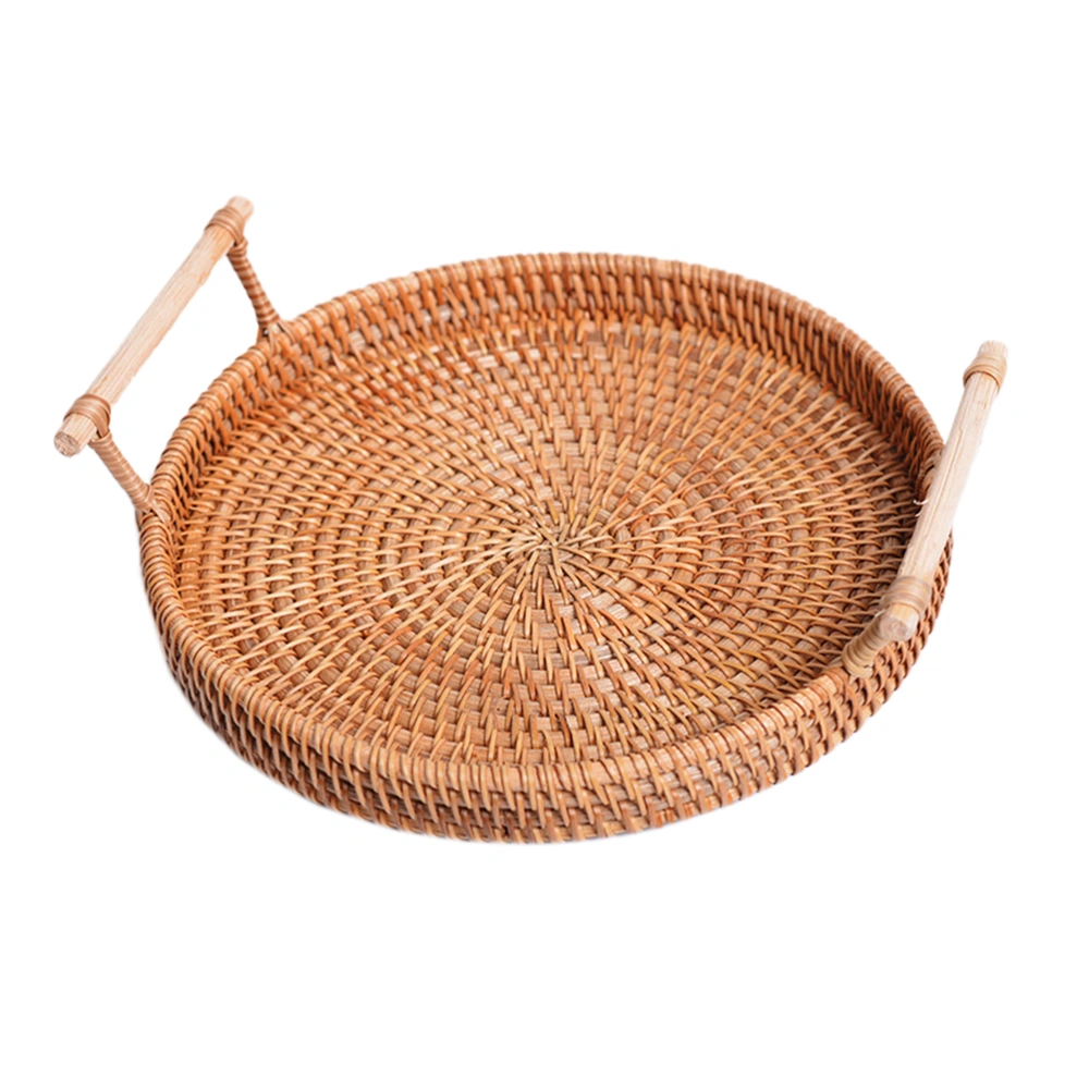 1PC Round Handmade Rattan Woven Storage Tray Fruit Food Sundries Picnic Organizer (Size S)