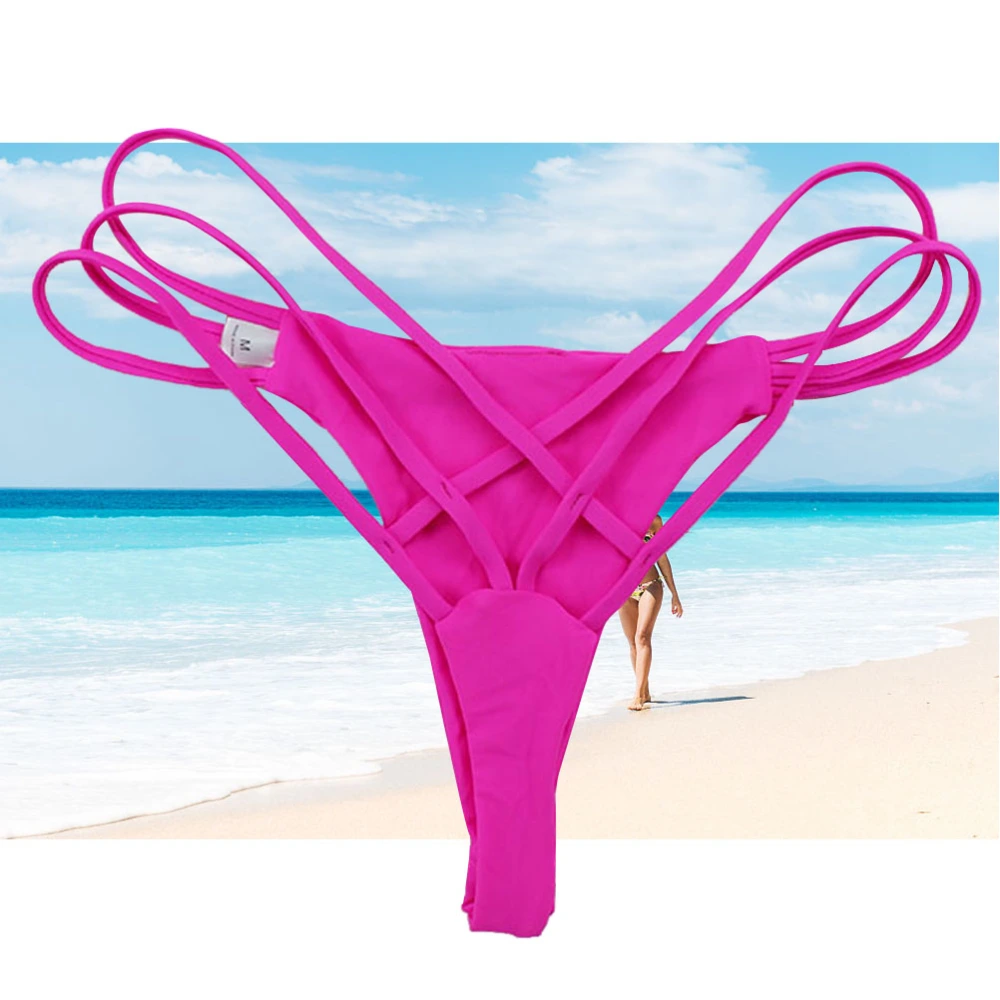 Women Sexy Strappy Bikini Thong Swim Bottoms Brief Underwear Size L (Rose Red)