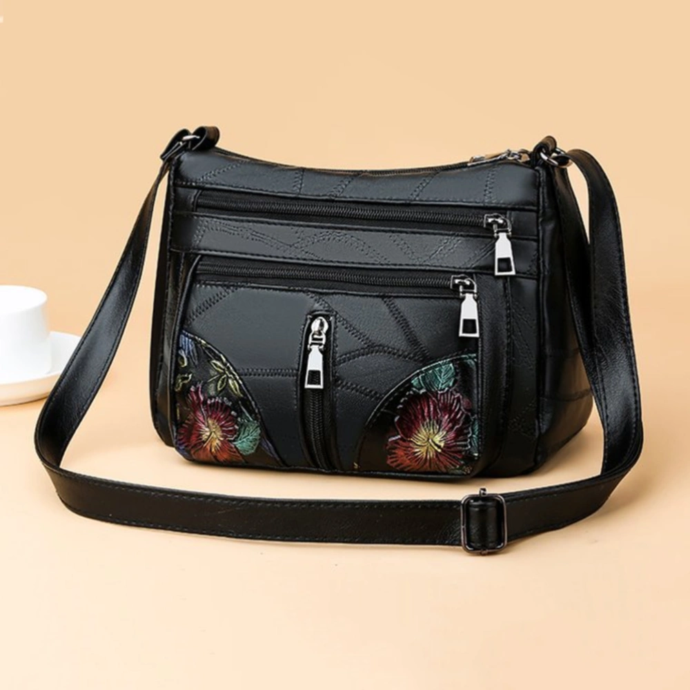 Synthetic Leather Crossbody Bag Solid Color Shoulder Bag Zipper Pockets Messenger Pouch for Women Girls (Black)