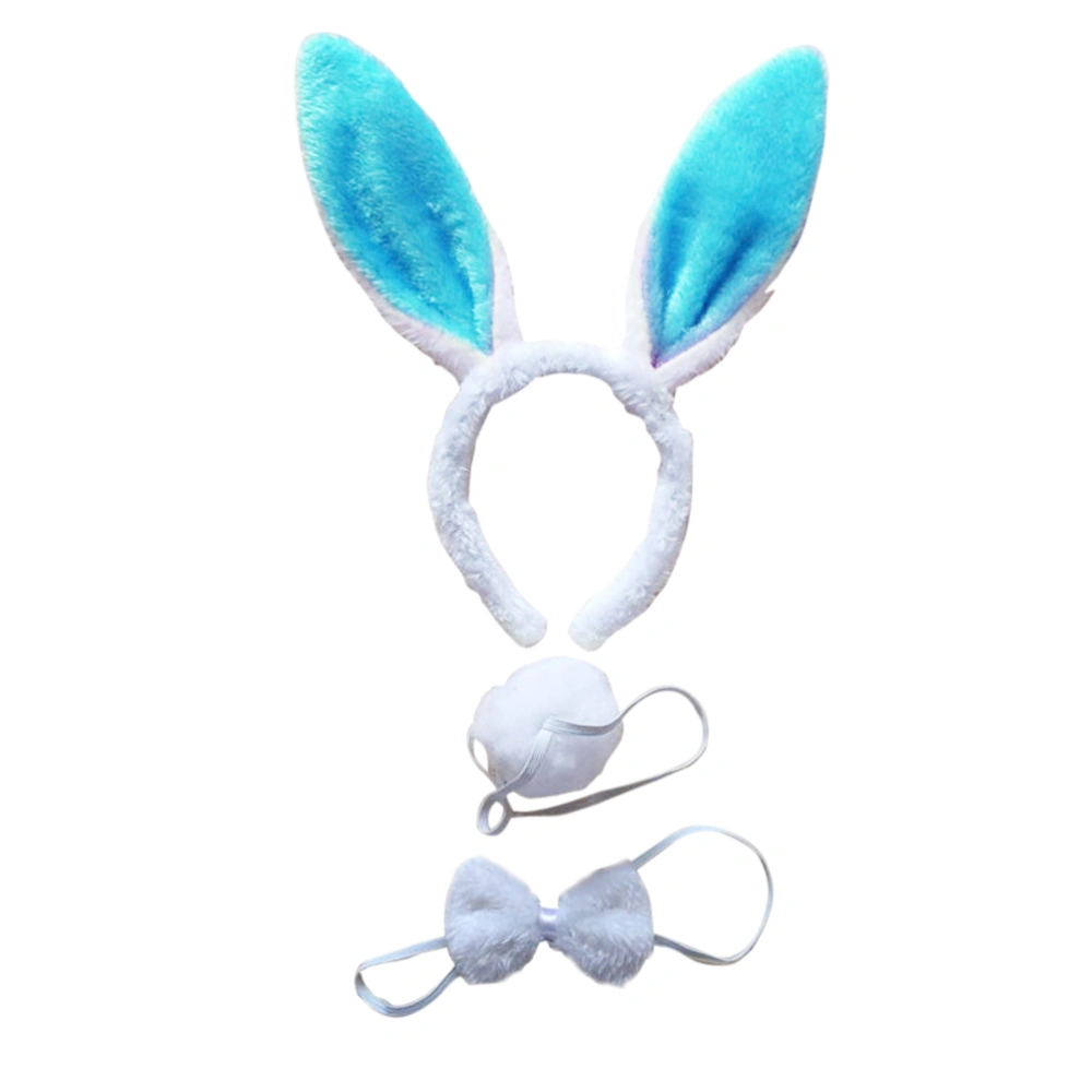 3Pcs Kids Adult Rabbit Bunny Ears Headband Bow Ties Tail Set Party Cosplay Costume (White & Blue)