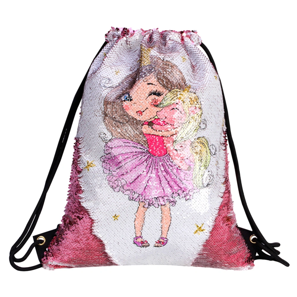 Cartoon Girl Unicorn Drawstring Backpack Funny Pink Background Sequins Backpack Waterproof Oxford Cloth Bag for Travel Home